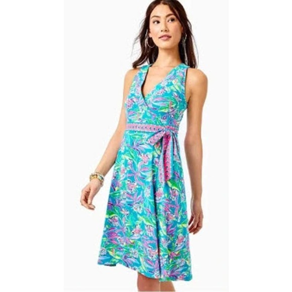Lilly Pulitzer Dresses & Skirts - Lilly Pulitzer Clancie Knee Length Wrap Dress Formentera Turquoise Size XXS